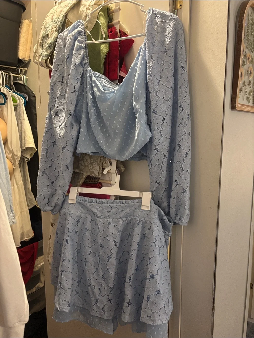 Light Blue Lace A-Line Women's two piece skort set - Elegant Floral Overlay